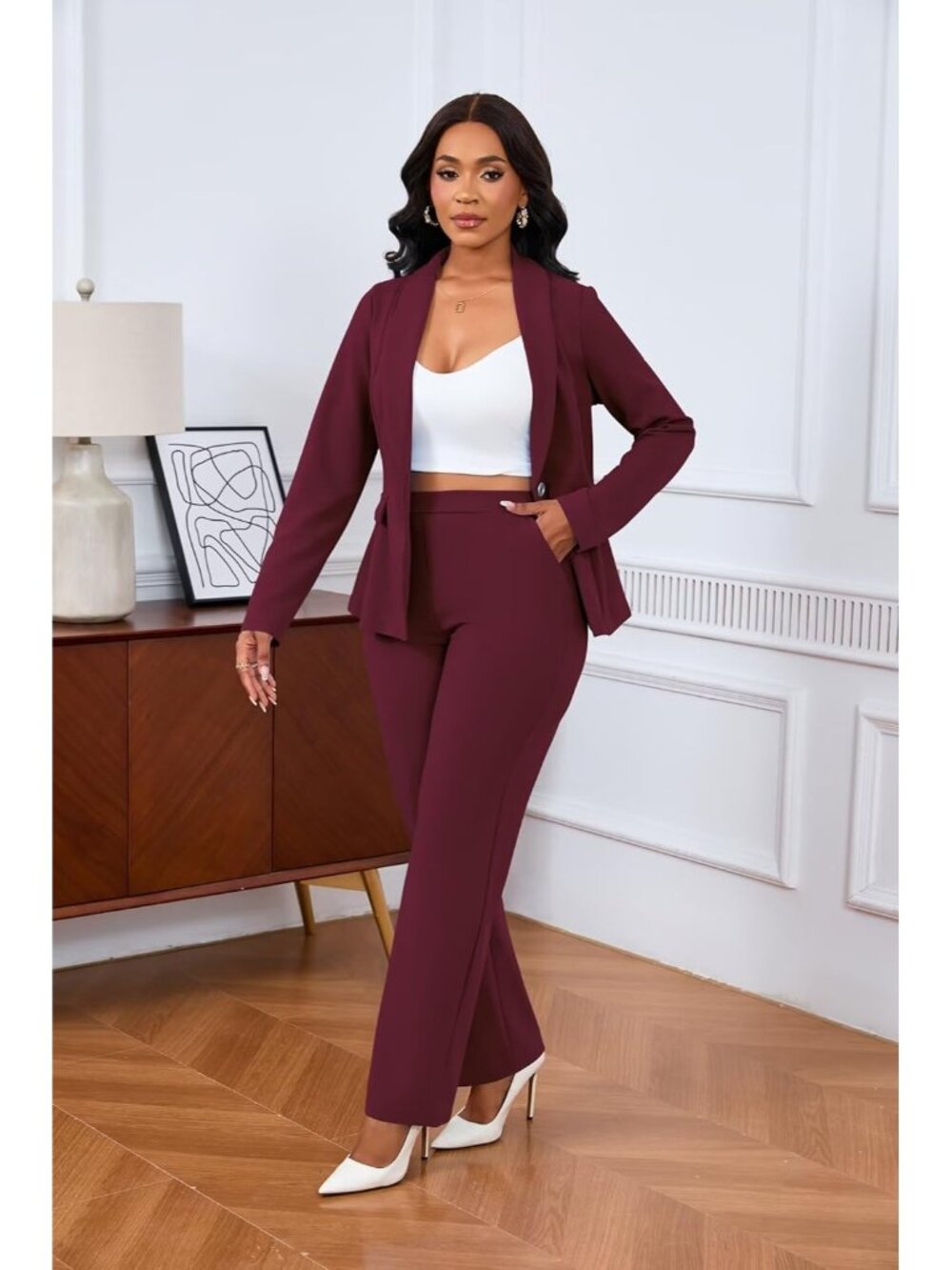 Women's Red 2 Piece Pant Suits Dressy Blazer Straight Leg Set Formal Outfits - Picture 2 of 6